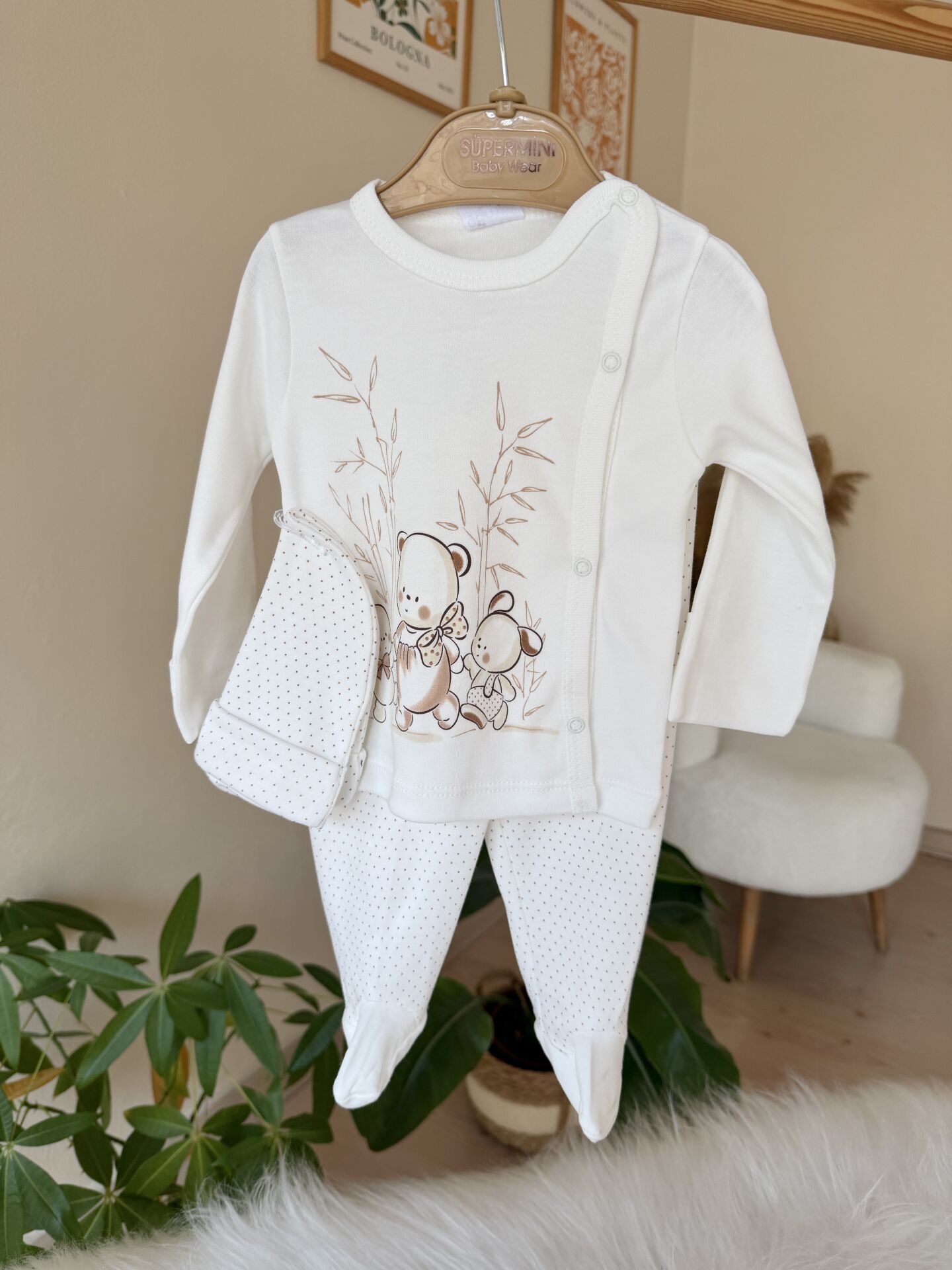 Ekru ayıcıklı 3’lü pratik takım