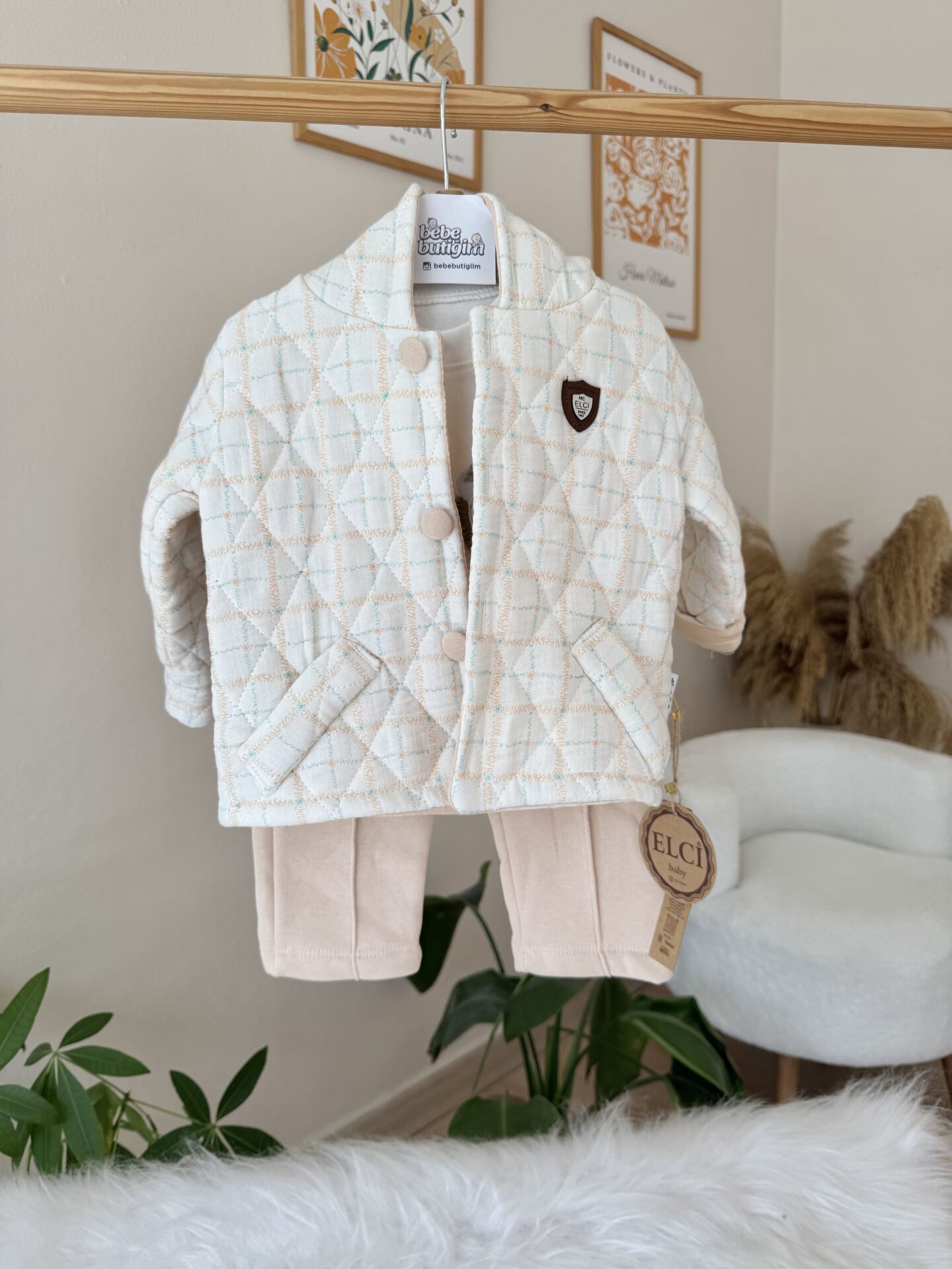 Premium bej kapitone montlu 3’lü takım