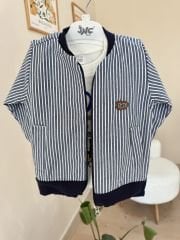 Lacivert çizgili bomber ceketli 3’lü takım