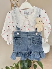 Dantel yaka kalp gömlekli kot elbise