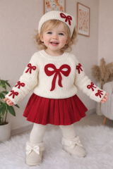 Kırmızı fiyonklu 3’lü triko takım