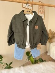 Yeşil kaşe bomber ceketli 3’lü takım