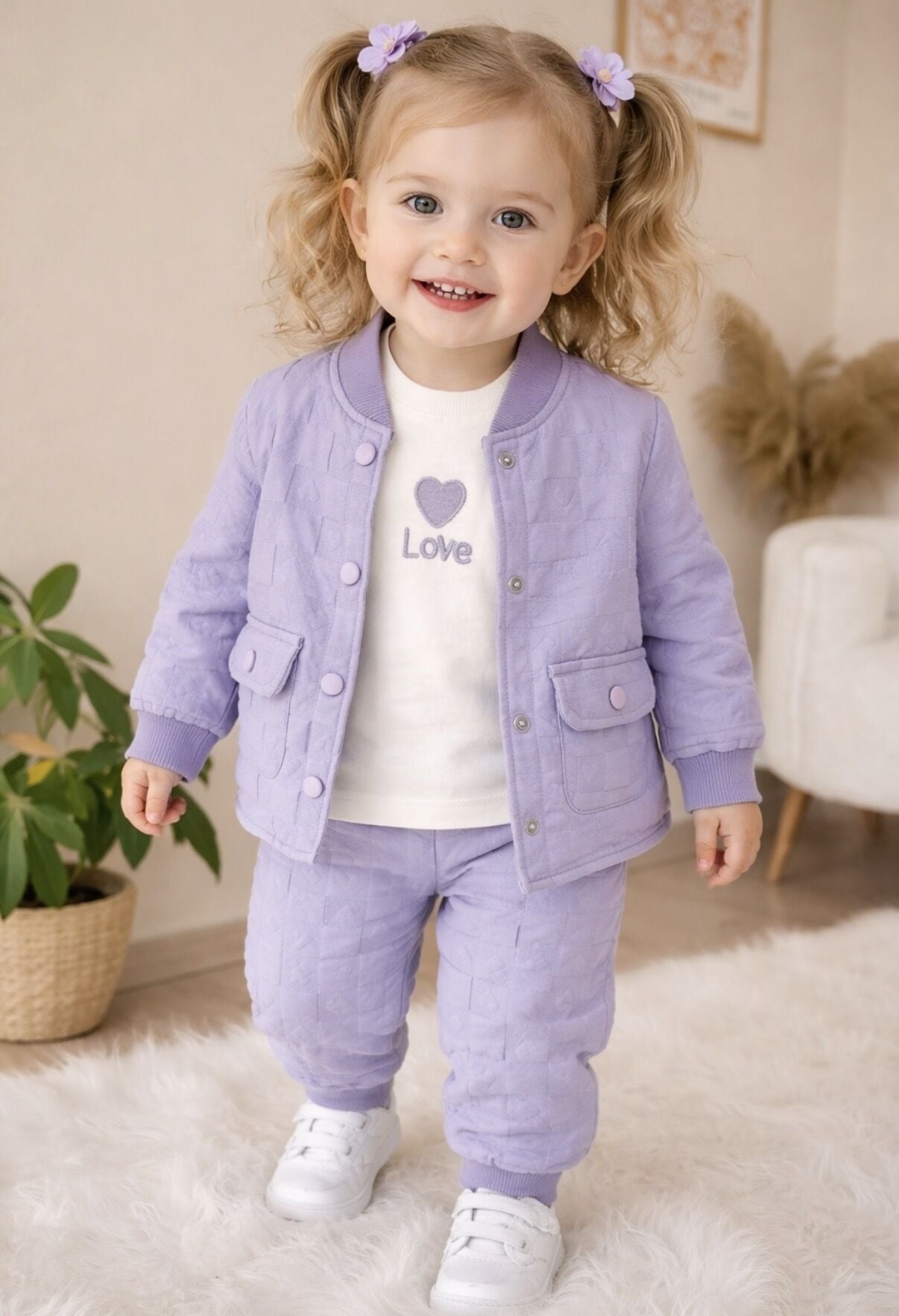 Lila love bomber ceketli 3’lü takım