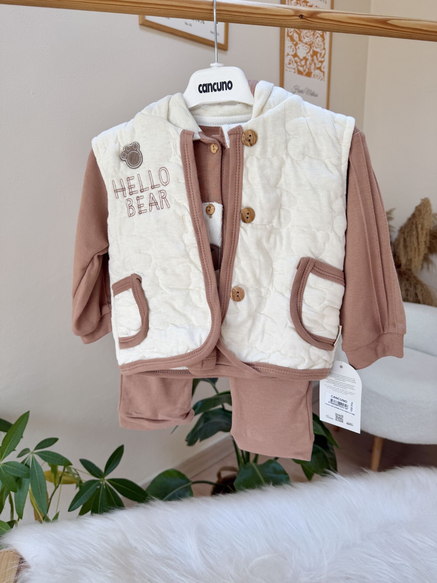 Kahve ayıcık yelekli 3’lü takım