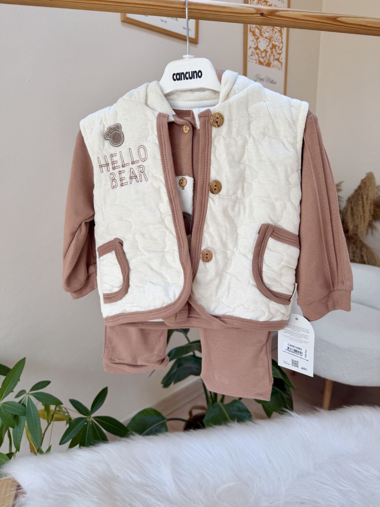 Kahve ayıcık yelekli 3’lü takım