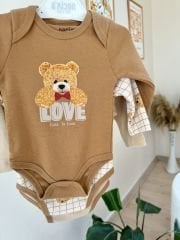 Kahve ayıcık 3’lü çıtçıtlı badi set