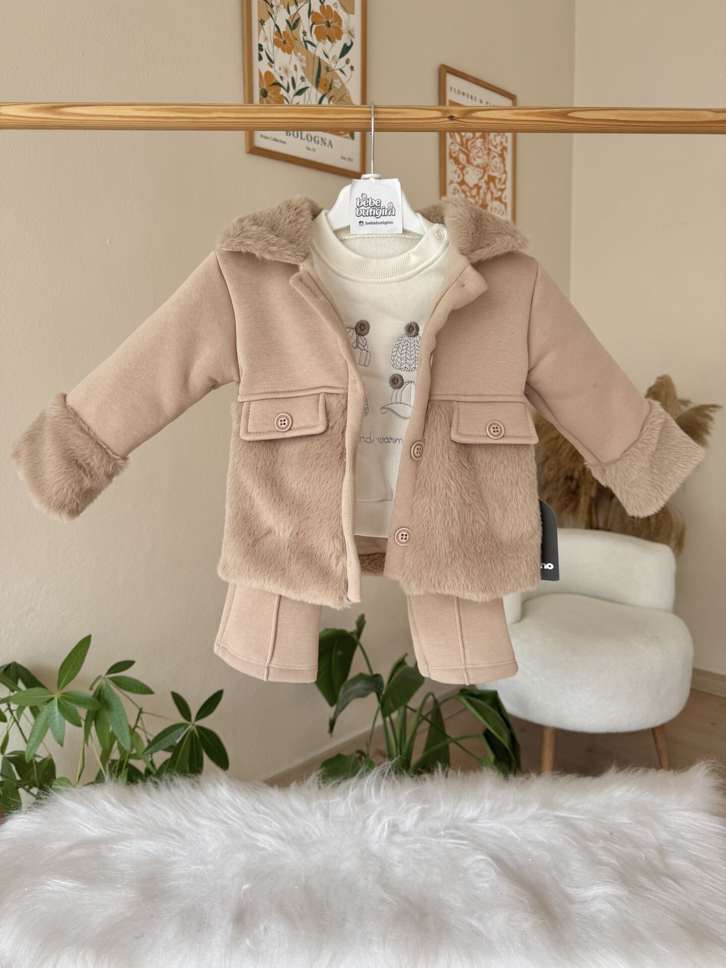 PREMİUM kürk ceketli 3’lü takım