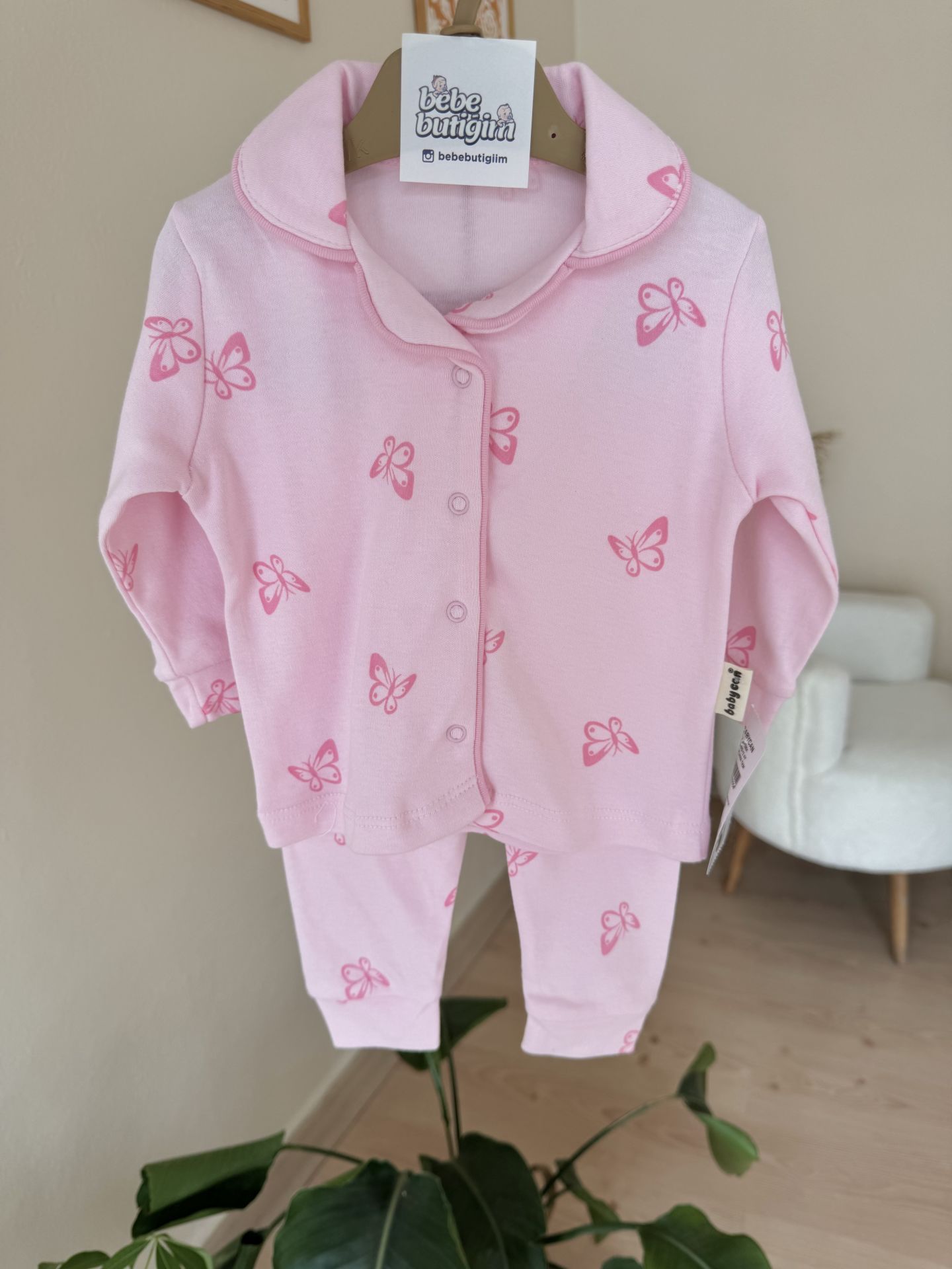 Lüx kalite pembe kelebekli pijama takımı