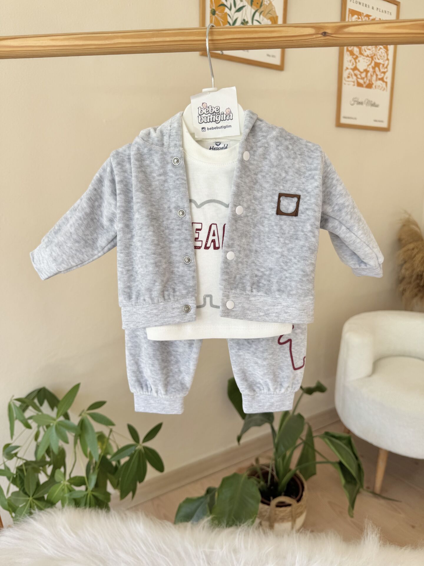 Gri ayıcıklı 3’lü kadife takım