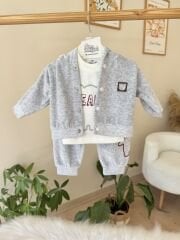 Gri ayıcıklı 3’lü kadife takım