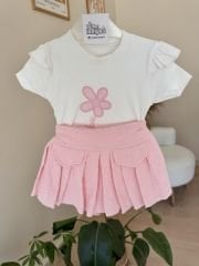 Pembe çiçekli müslin şort etekli takım