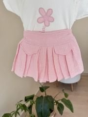 Pembe çiçekli müslin şort etekli takım