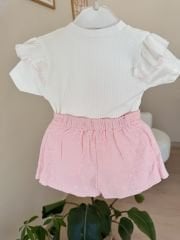 Pembe çiçekli müslin şort etekli takım