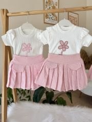Pembe çiçekli müslin şort etekli takım