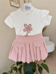 Gül kurusu çiçekli müslin şort etekli takım