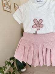 Gül kurusu çiçekli müslin şort etekli takım