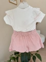 Gül kurusu çiçekli müslin şort etekli takım