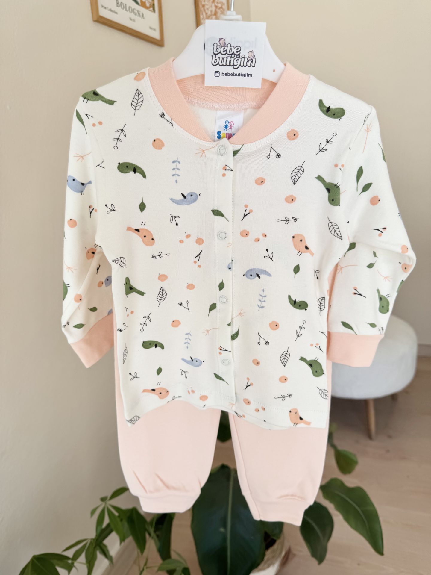 Pudra kuş detaylı %100 Pamuk pijama