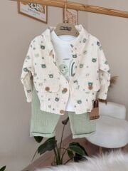 Yeşil ayıcıklı müslin hırkalı takım