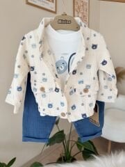 Mavi ayıcıklı müslin hırkalı 3’lü takım