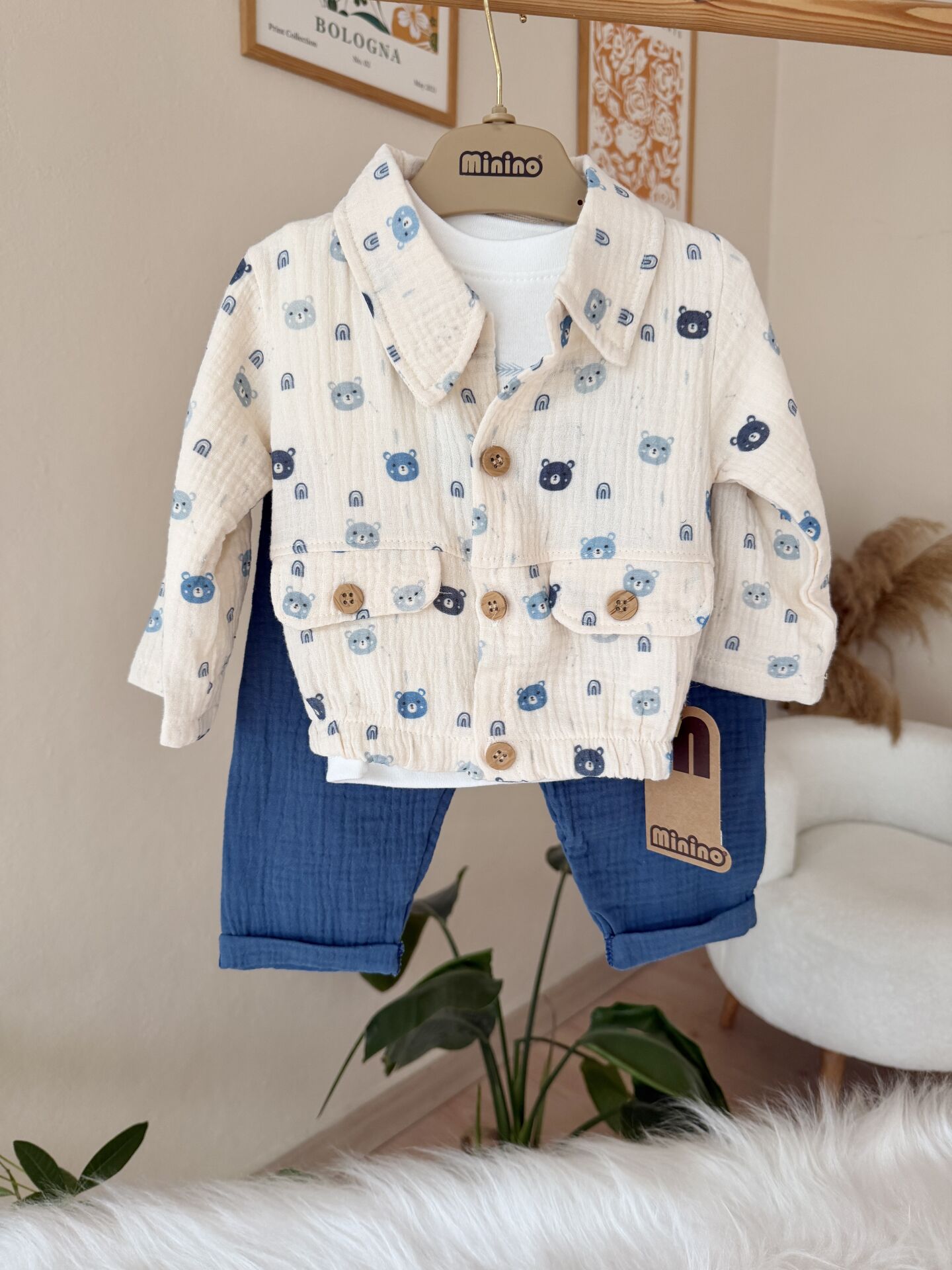 Mavi ayıcıklı müslin hırkalı 3’lü takım