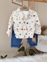 Mavi ayıcıklı müslin hırkalı 3’lü takım