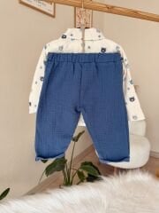 Mavi ayıcıklı müslin hırkalı 3’lü takım