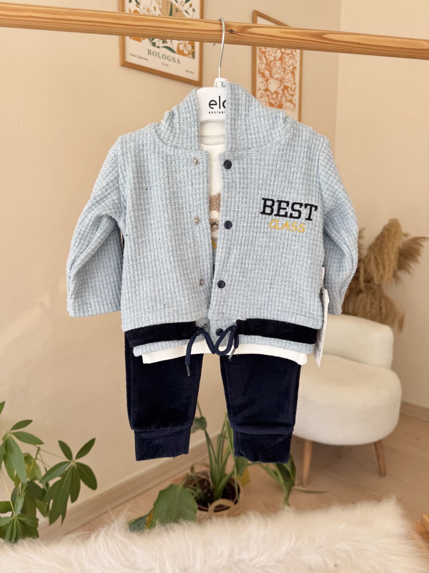 Mavi kadife hırkalı 3’lü takım