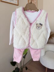 Pembe kuzucuk yelekli 3’lü takım