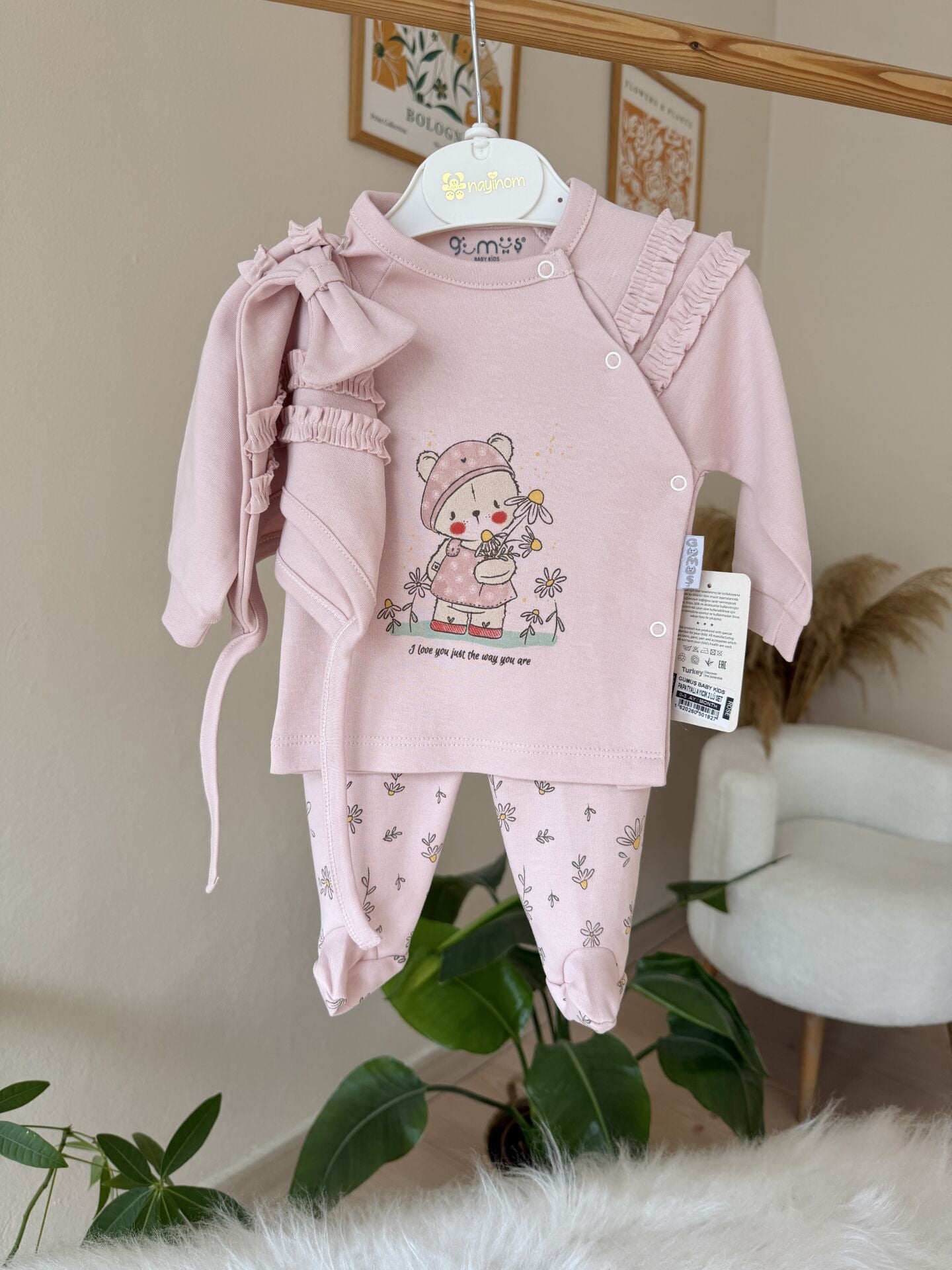 Pembe çiçekli ayıcık 3’lü pratik takım