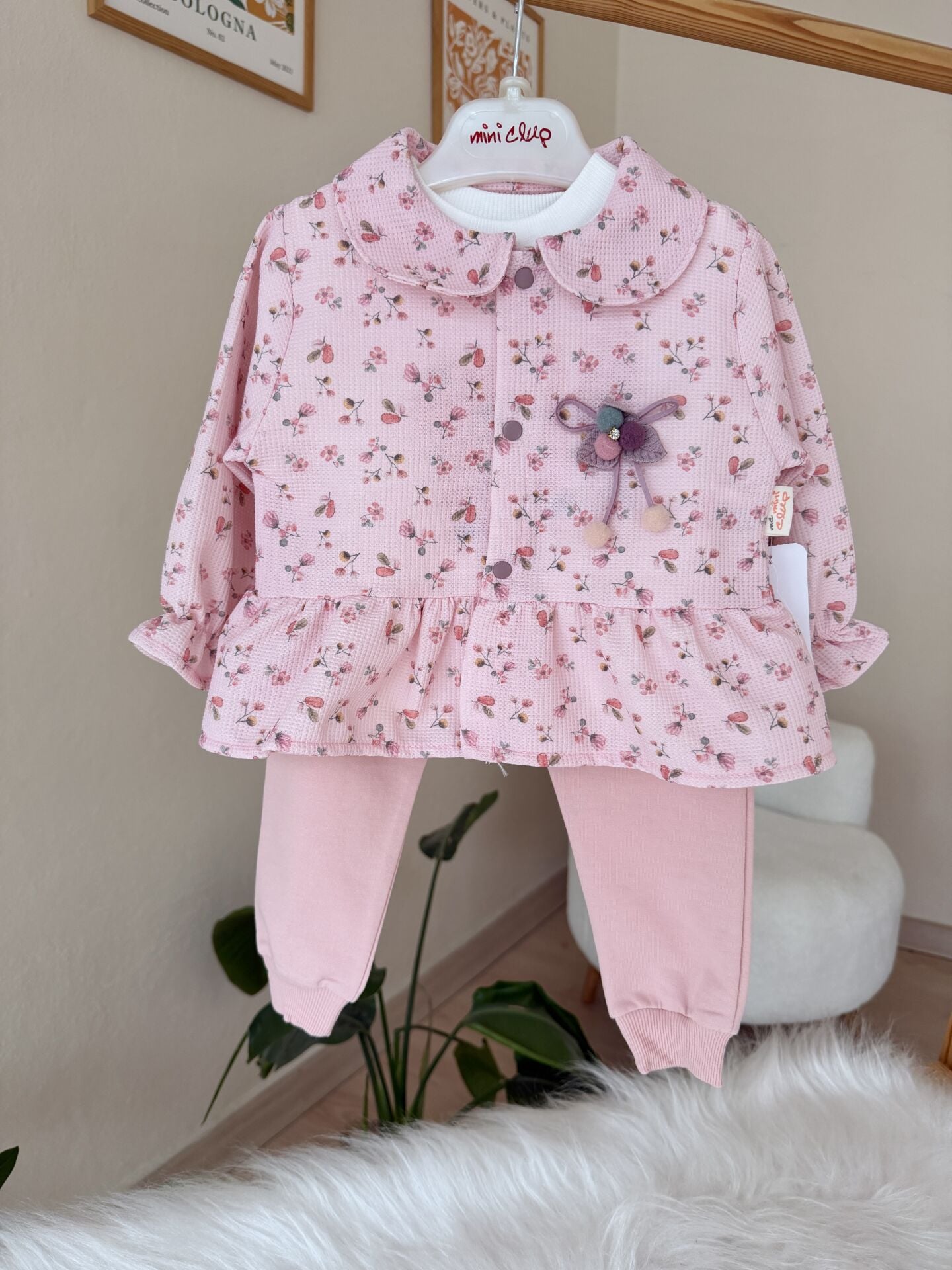 Bebe yaka pembe çiçekli 3’lü takım