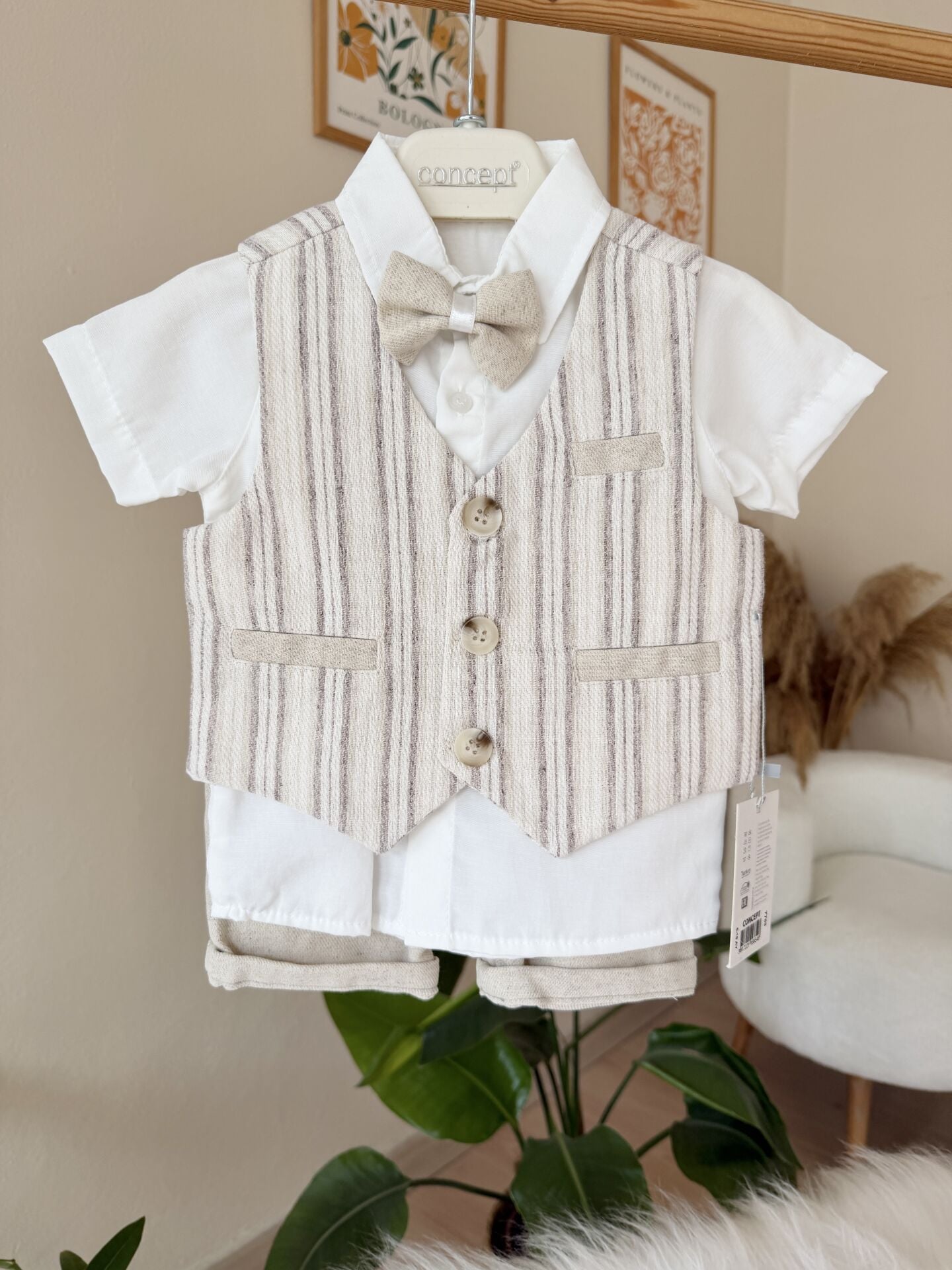 Kahve çizgili yelek papyonlu takım