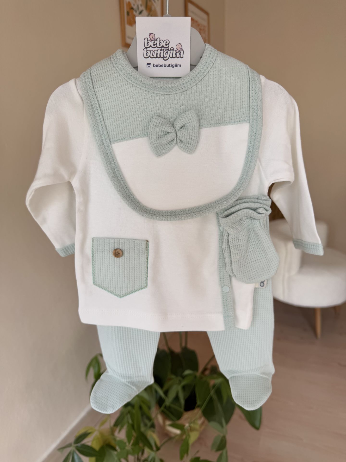 Yeşil waffle cepli 5’li set