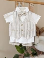 Gri çizgili yelek papyonlu takım