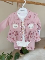 Gül kurusu ayıcık çiçekli 3’lü takım