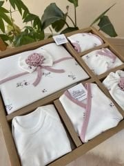 Gül kurusu çiçek detaylı 10 parça hastane çıkış set