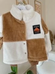 Kahve peluş ceketli 3’lü takım