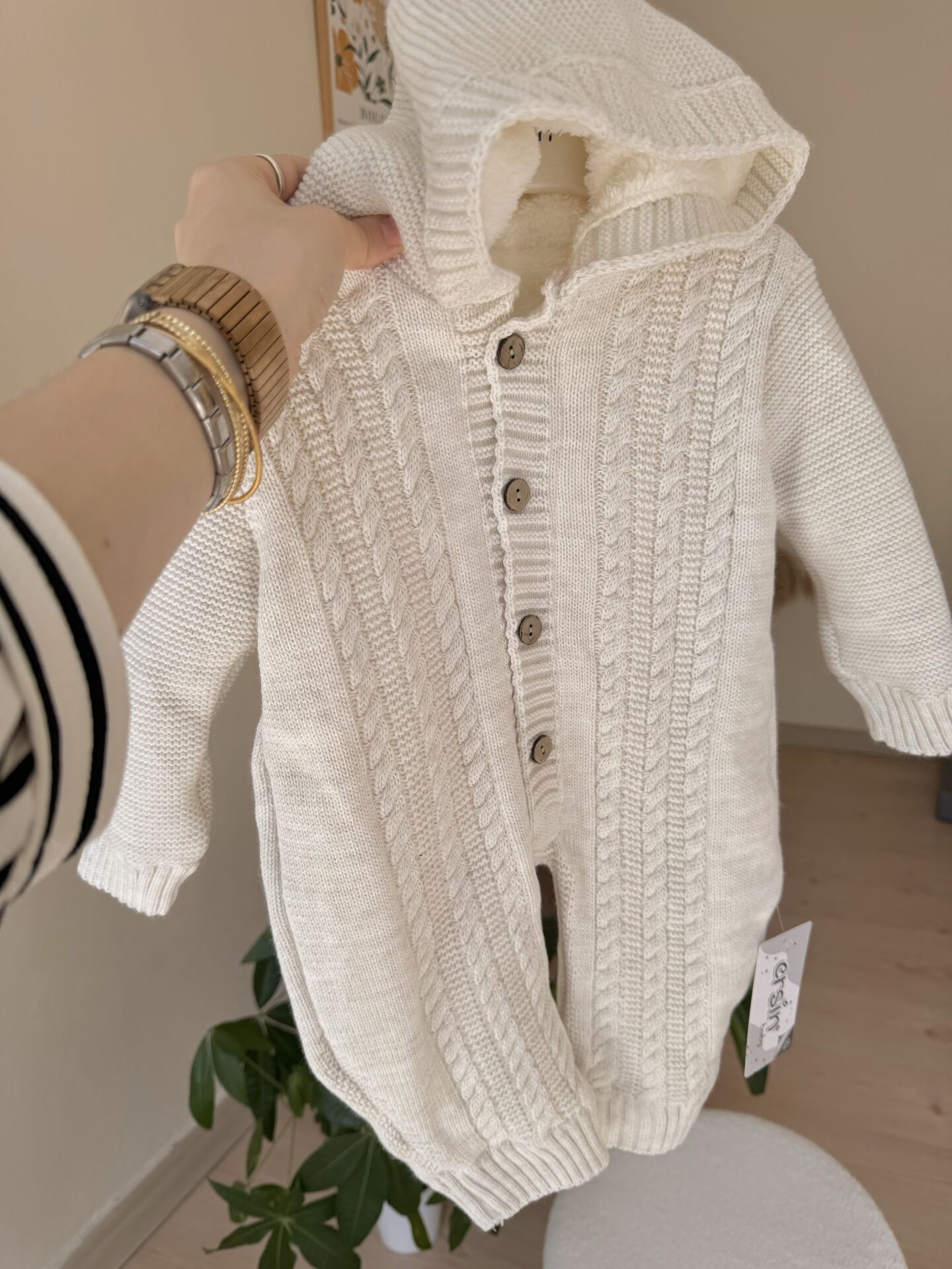 Taş rengi örgülü welsoft triko tulum