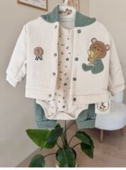 Yeşil sevimli ayıcık 3’lü hırkalı takım