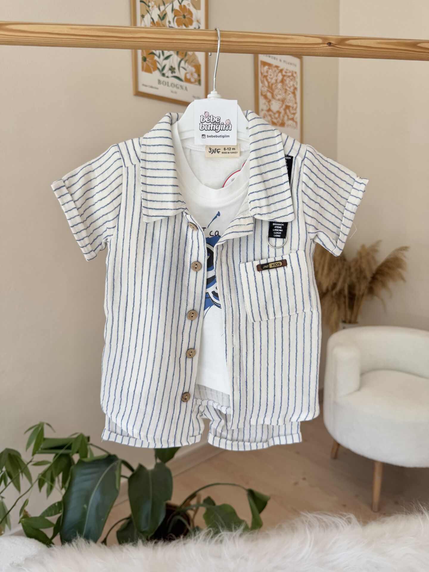 Mavi müslin gömlekli 3’lü takım