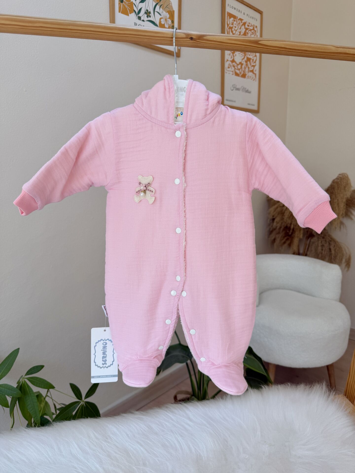 Pembe Welsoft astarlı kapüşonlu tulum