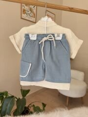 PREMİUM mavi şortlu müslin takım