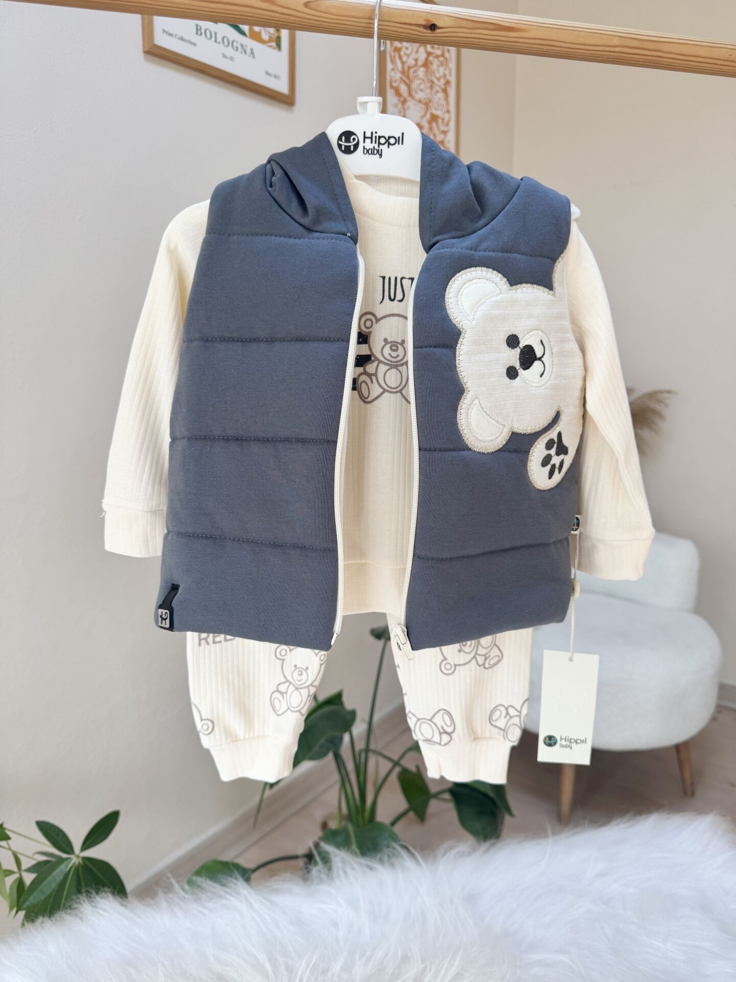 Gri ayıcık yelekli 3’lü takım