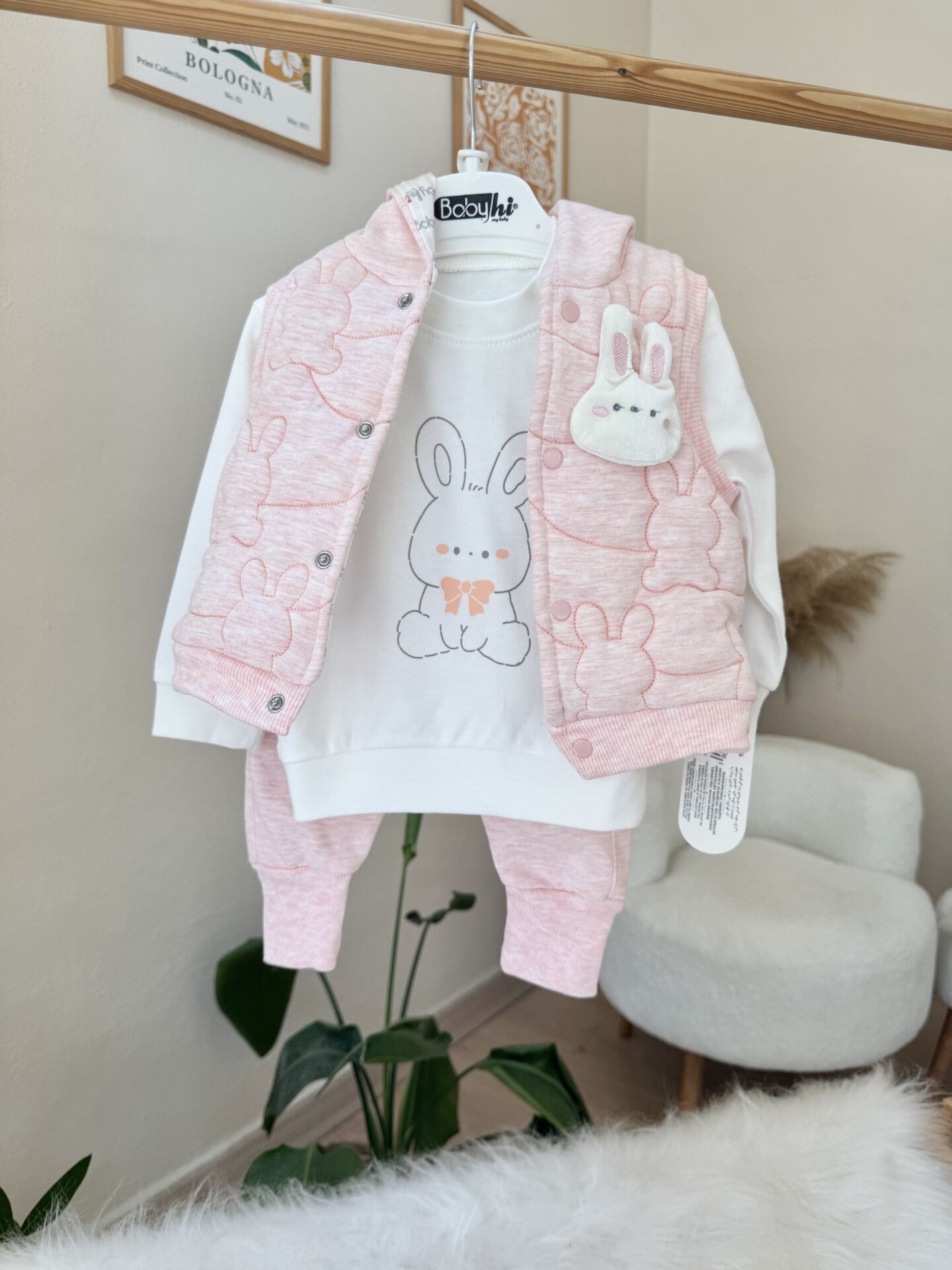Pembe tavşan yelekli 3’lü takım