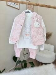 Pembe tavşan yelekli 3’lü takım