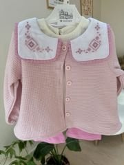 Pembe nakışlı yaka 3’lü hırkalı takım