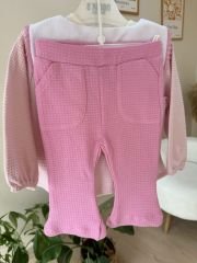 Pembe nakışlı yaka 3’lü hırkalı takım