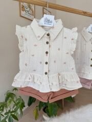 Tarçın fırfırlı müslin gömlekli şortlu takım