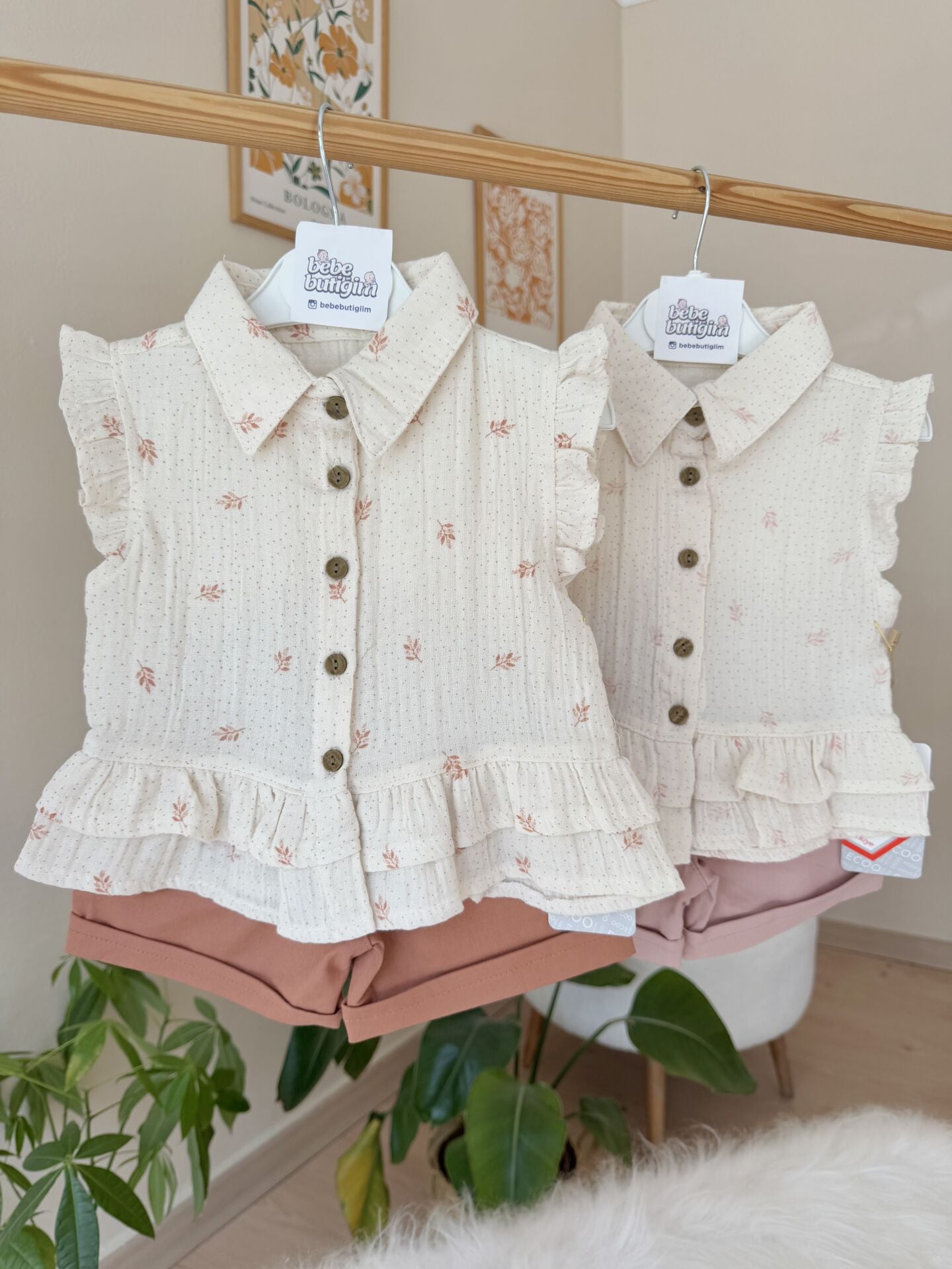 Tarçın fırfırlı müslin gömlekli şortlu takım