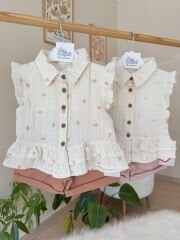 Tarçın fırfırlı müslin gömlekli şortlu takım